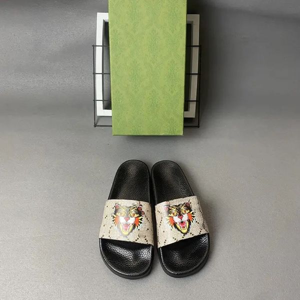

designer men's and women's sandals dust bag shoes tiger head snake pattern printed slippers summer wide flat sandals slippers size, Black