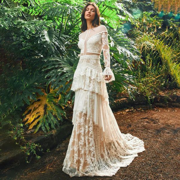 

vintage boho lace wedding dress court train long sleeves tiered a-line beach bridal gowns sheer jewel neck bohemian vestido de novia 2023, White