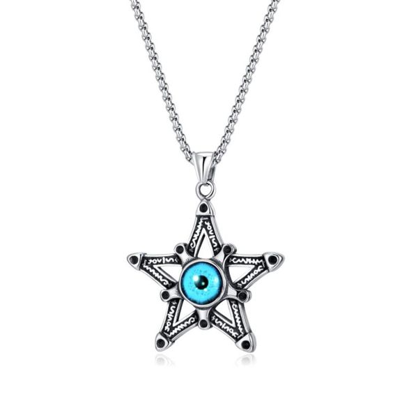 

religion pentagram necklace stainless steel blue devil eye pentacle pendant gothic jewelry gifts for women mens rolo chain 3mm 24inch silver