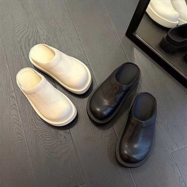 

paris baotou half trailer third generation genuine leather dad cool girl summer thick sole heel little white shoes fashion brand, Black