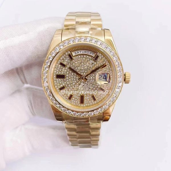 

watch gold men's automatic all mechanical dual calendar display circular inset diamond screw in bottom cover 40mm super luminous men wa, Slivery;golden