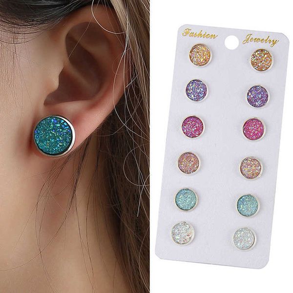 

stud 6pairs/set women's shiny resin ear stud with round bling druzy stone for girls cute earrings fashion jewelry gift p230411, Golden;silver