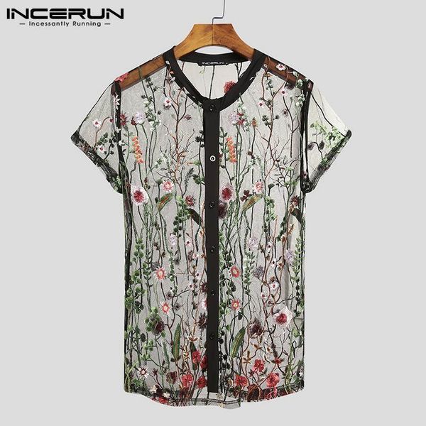 

mens casual shirts fashion men mesh shirts embroidered short sleeve see through button breathable party nightclub shirts incerun 5xl 230413, White;black