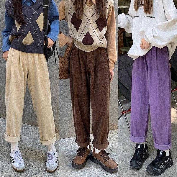 

corduroy straight leg pants womens autumn and winter high waist elastic loose, Black;white