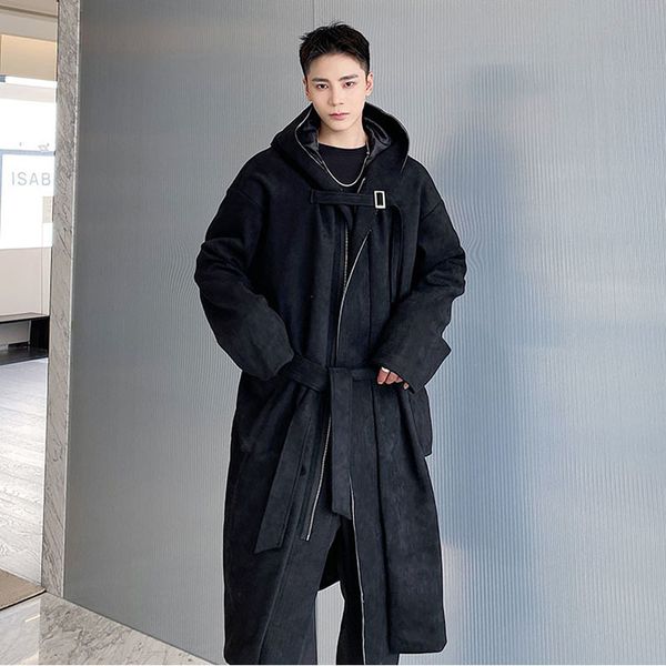

men's trench coats autumn winter men suede long hooded coat windbreaker japanese streetwear fashion loose black coat jacket overcoat 23, Tan;black