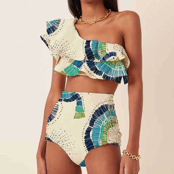 

one-shoulder embroidered printed ruffled swimsuit fashion beige ruched bikini high waist swimwear bottom beach bathing suit230413, White;black