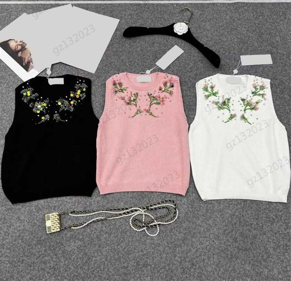 

knitted tanks camis bead chain embroidery floral decoration threaded round neck pullover vest classic simple version solid color joker wome, White