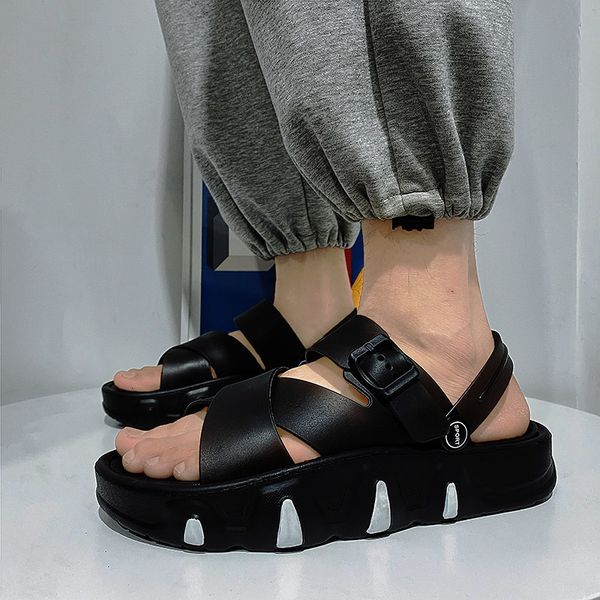 

sandals summer teenager students sandals street style height increasing shoes solid black daily casual beach men's shoes 230413