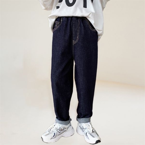 

jeans boys spring autumn harem jeans high waist elastic dark blue stitching straight denim pants teen denim trousers casual clothes 230413