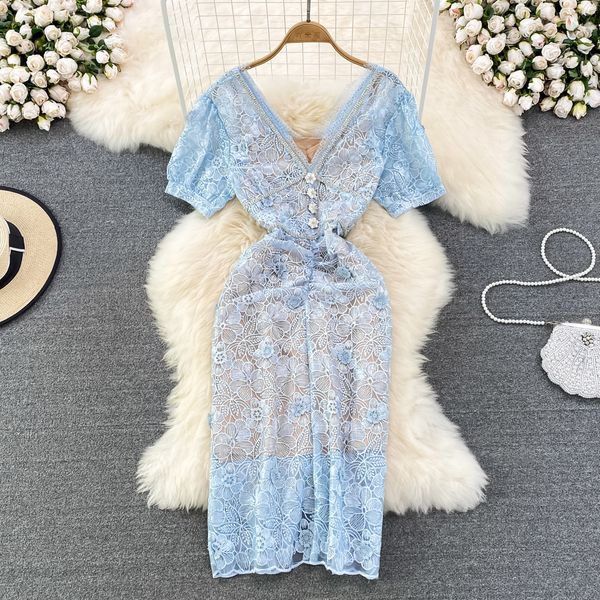 

summer luxury celebrity style dress v-neck with diamond bubble short sleeve high waist slim super immortal embroidery lace dress, Black;gray