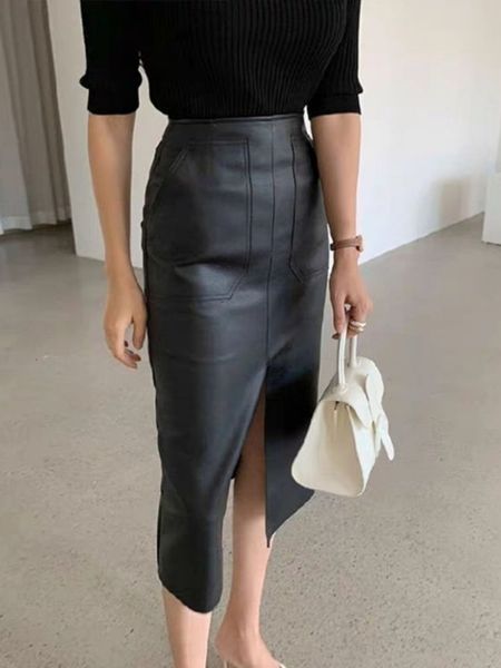 

skirts ly varey lin spring autumn women fashion high waist pu midi skrits lady slim elegant split solid color faux leather 230413, Black