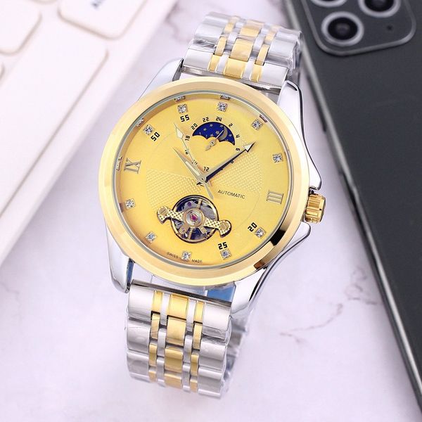 

omeg wristwatches for men 2023 new mens watches 42mm tourbillon automatic mechanical watch luxury brand steel strap moon phase men fashion m, Slivery;golden
