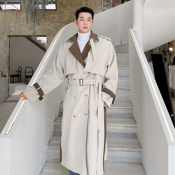 

men's trench coats vintage hipster double breasted windbreaker jacket coat men korean streetwear fashion office coat outerwear 230413, Tan;black