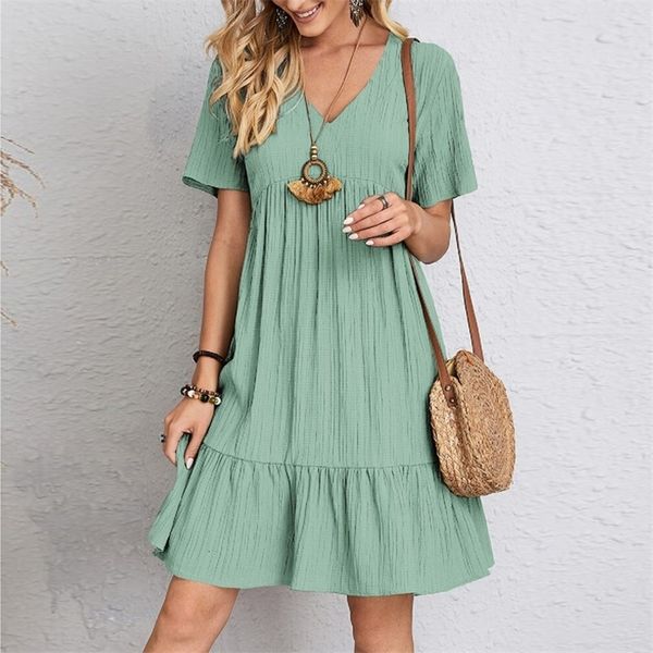 

casual dresses vintage women a-line mini dress summer fashion casual v-neck high waist solid elegant party dresses lady short sleeve dress 2, Black;gray