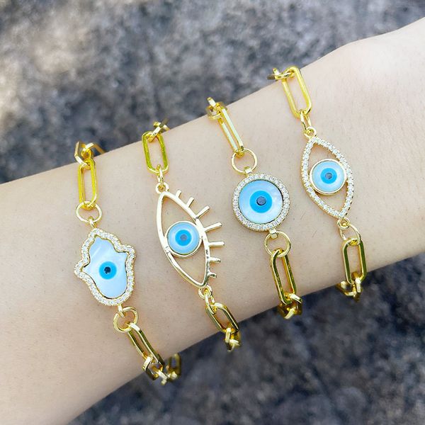 

real gold plated fatima hand evil eye charm copper chain bracelet jewelry for man woman, Golden;silver