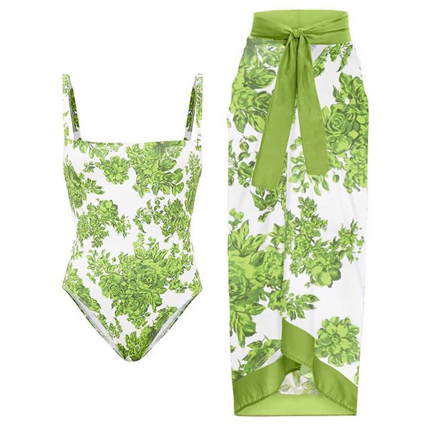 

fashion green sling print one piece bikini set hollow backless swimsuit women elegant slim beachwear cover up 2022230413, White;black