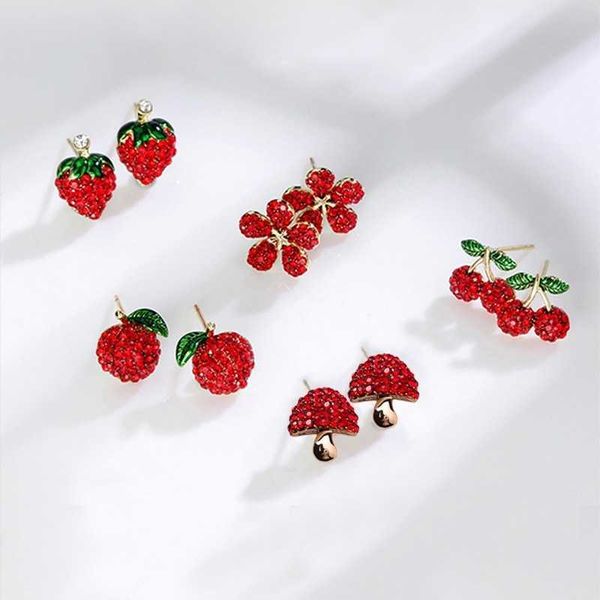 

stud red cherry strawberry ear stud earrings glitter rhinestone cute fruit dangler for women girls ladies fashion chic jewelry p230411, Golden;silver