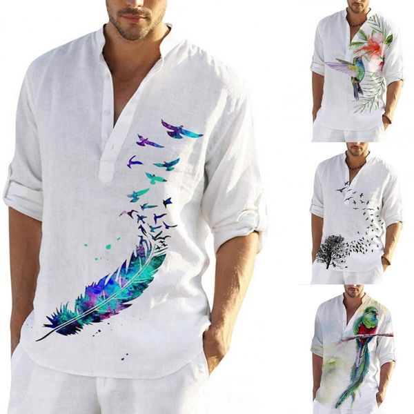 

mens casual shirts plus size mens long sleeve casual shirts male fashion pullovers men clothing summer feather birds print blouse 230413, White;black