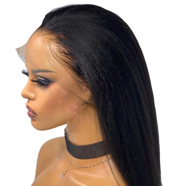 

lace front wig for women baby hair glueless 26 long natural black soft middle part preplucked kinky straight 180% density yaki, Black;brown