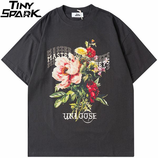 

mens tshirts men oversize t shirt hip hop streetwear painting flower letter print tshirt harajuku cotton loose tshirt short sleeve 230413, White;black