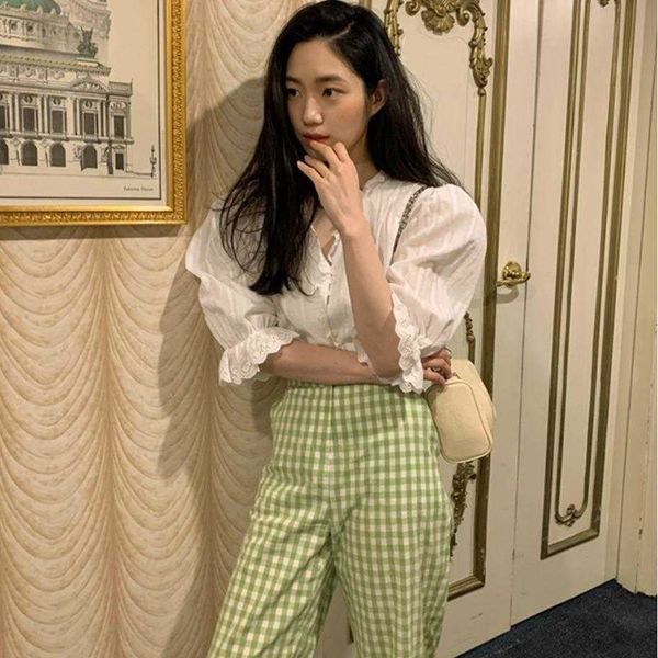 

puff sleeve stringy selvedge pant collar white shirt fresh green plaid high waist