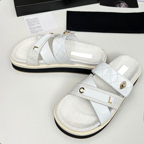 

womens platform heels slippers sheepskin slip on sandals designer quilted texture hardware matelasse slides girl summers outdoor beach shoes, Black