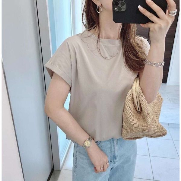 

2023 Summer New Loose Fit Slender Round Neck Versatile Short Sleeve T-shirt Solid Color Top For Women Japan Fashion Clothes Tee, Oat color