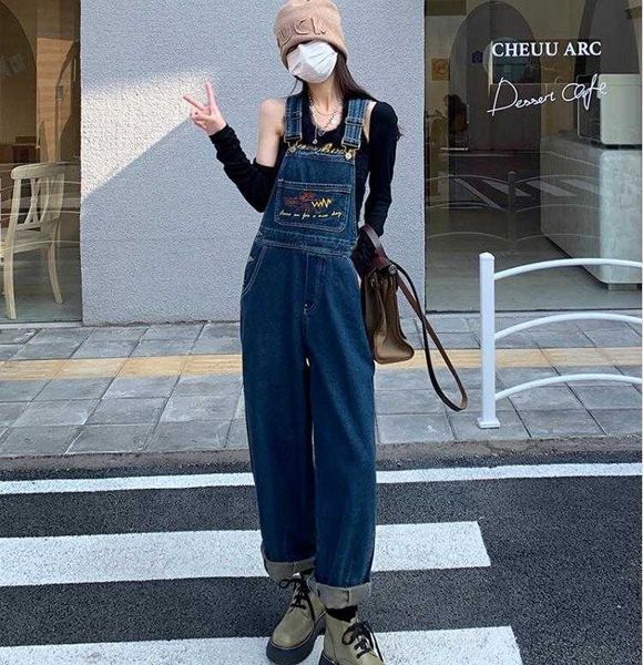 

washed retro anti aging embroidered jeans denim suspender pants womens autumn, Blue
