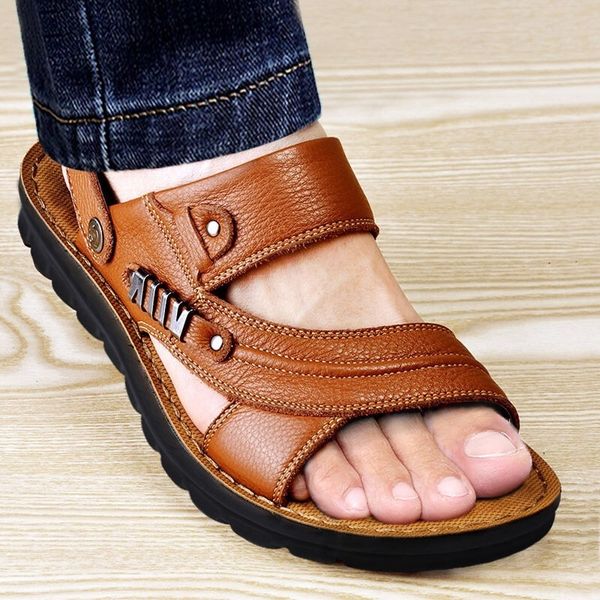 

sandals men's beach shoes sandals cow quality genuine leather non-slip men's slippers breathable two uses men's sandals men&#, Black