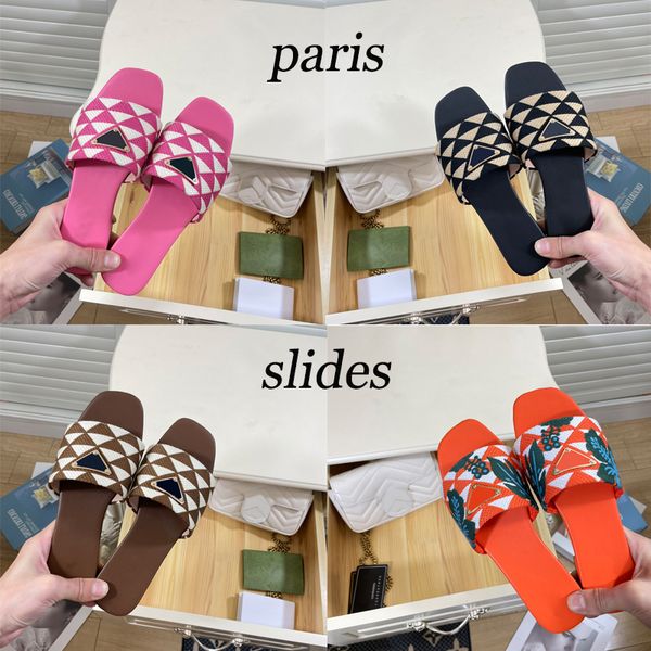 

with box raffia embroidered flat mules designer slippers beach women shoes pine green gold schemes fuchsia flat slides luxury womens sandal, Black