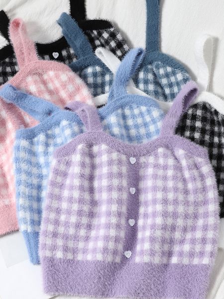 

camisoles tanks heliar female plaid camisole buttons crop knitting sweet tank ladies sleeveless solid women summer 230412, Black;white