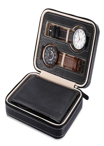 

4 grids pu leather watch box travel storage case zipper wristwatch box organizer holder for clock watches jewelry boxes display5126877, Black;blue
