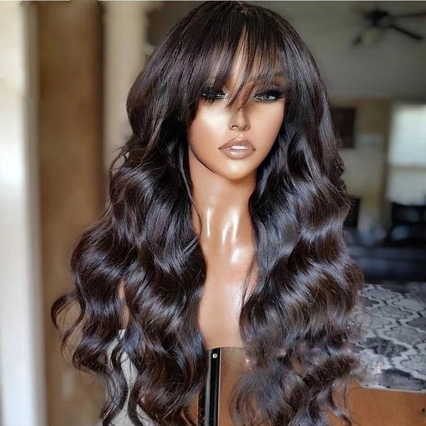 

180 200 density brazilian body wave fringe wig hair simulaiton human hair wig with bangs none full lace front wigs, Black