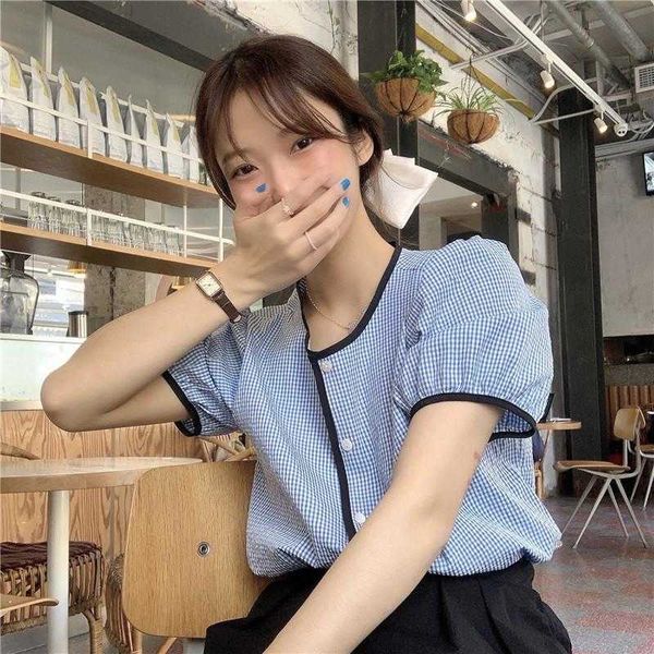 

korean style whimsical shirts girl summer color contrasting stripe round neck, White