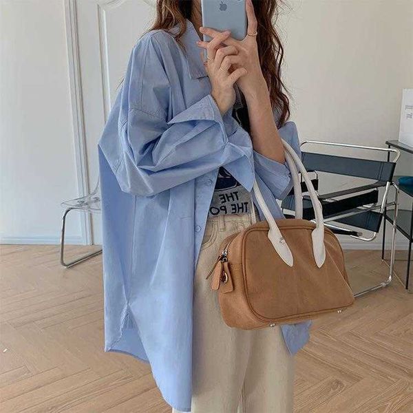 

korean chic early spring shirts simple niche lapel loose mid length split macaron, White