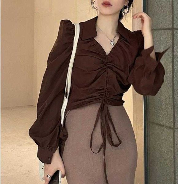 

korean chic shirt french style drawstring ruffle design sense v neck waist, White