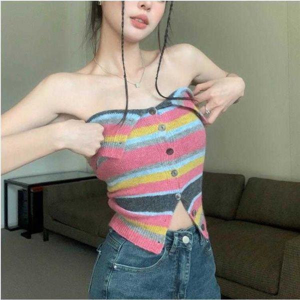 

girl colorful striped off cami neck knitted tube spring and summer slim, White