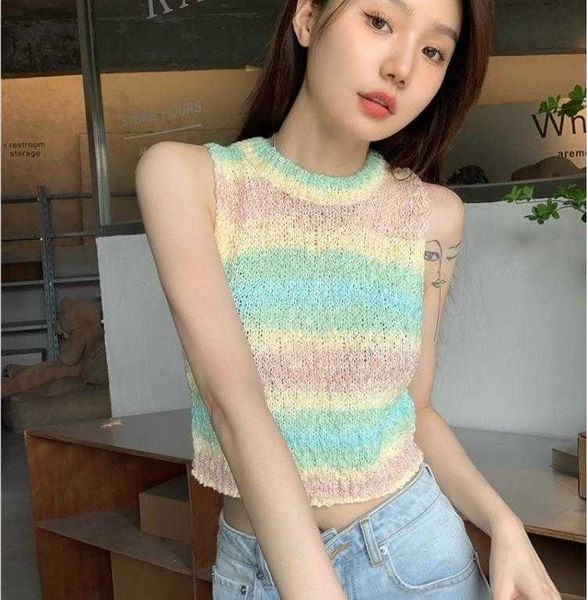 

design rainbow tanks striped knitted vest summer girl slim fit slimming round, White