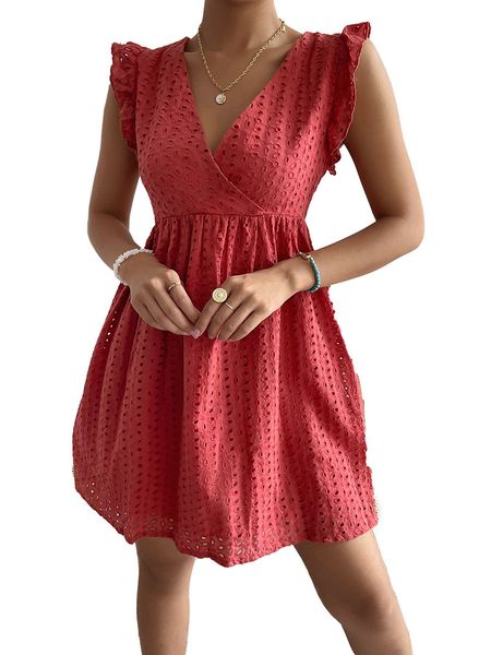

v-neck a-line women's casual dresses pullover layered covering chest ruched high waist short length short sleeves embroidered hollow ou, Black;gray