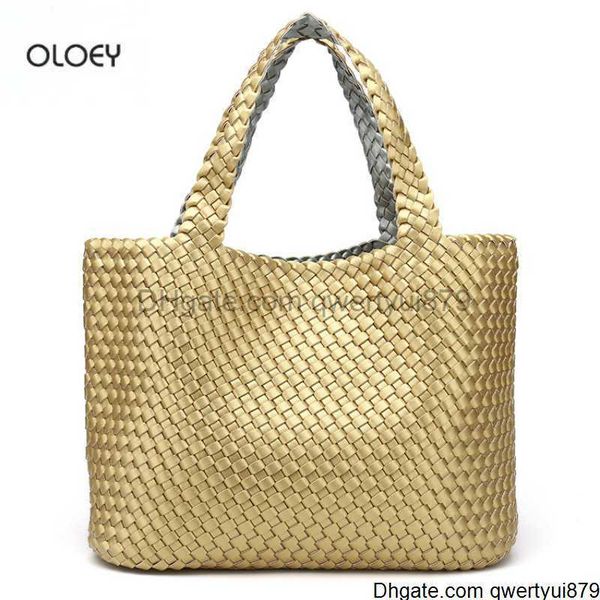 

qwertyui879 oloey new women's handbag double shoulder bag pu woven bag double-sided two color two purpose large capacity bucket bag 413