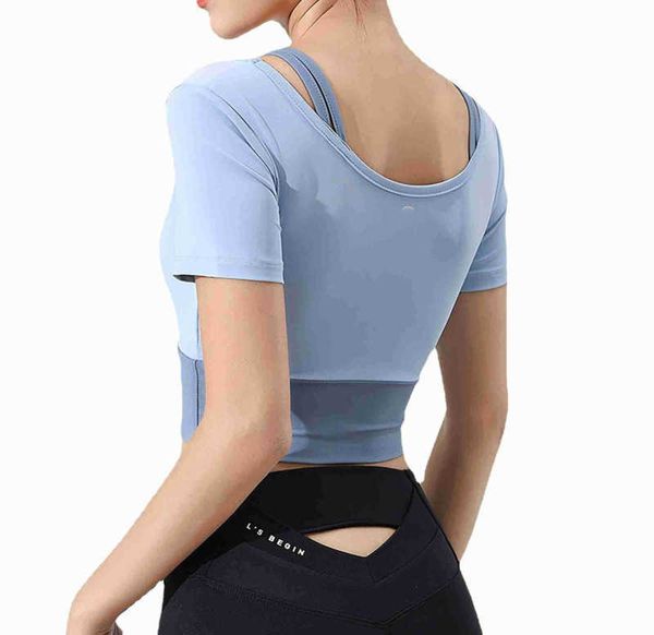 

women t shirt lululemens women original factory with standard fake two-piece short-sleeved yoga suit spring and summer short round neck lul