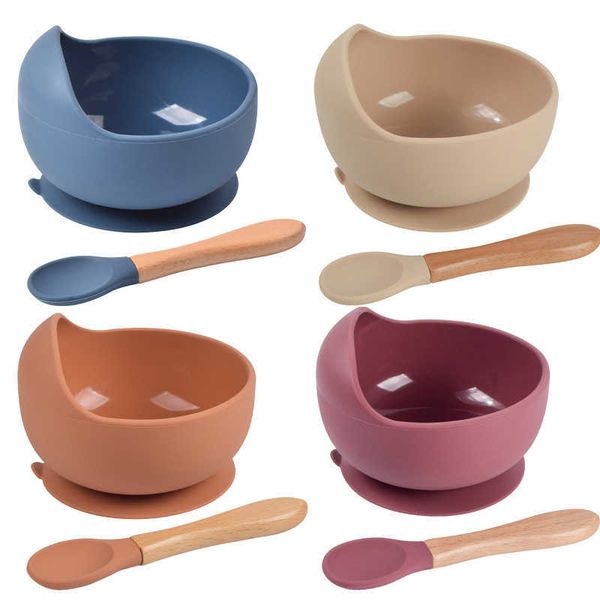 

cups dishes utensils baby silicone bowl set bpa non-slip children's suction bowl wooden handle silicone spoon food grade waterproof tab