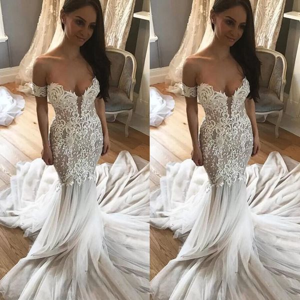 

mermaid wedding dress ivory v-neck beach off shoulder tulle bridal dress, White