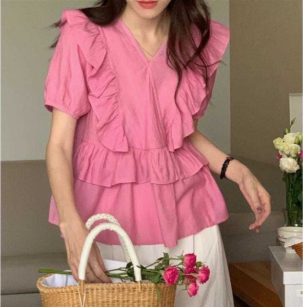 

sweet v neck ruffled short sleeves shirt female summer french gentle youthful, White