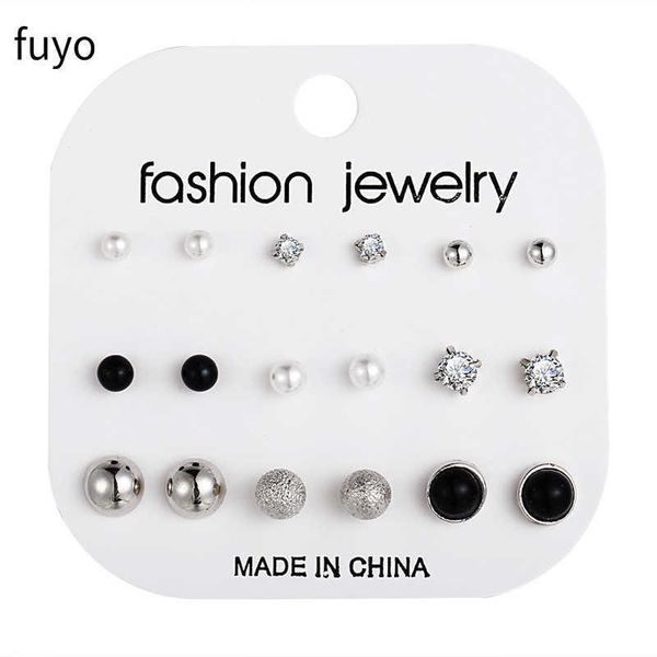 

stud 9 pairs/set black earrings ball simulated pearl stud earrings set women flower piercing card stud earring kit bijouteria jewelry p23041, Golden;silver