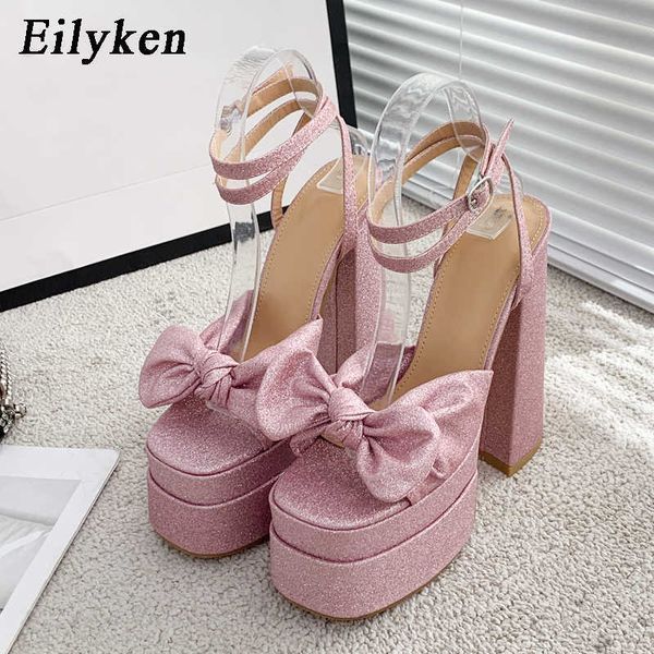 

plus size 35-42 sandals women pumps peep toe butterfly-knot chunky platform high heels gladiator shoes 230306, Black