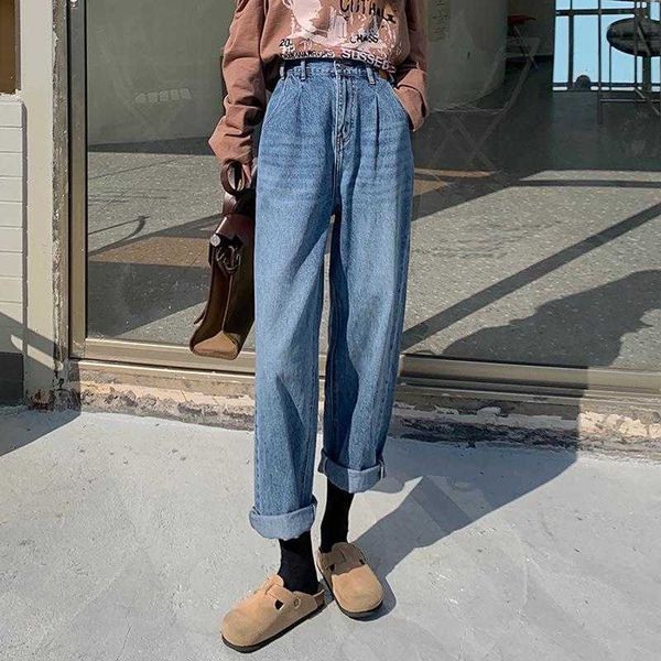 

spring retro washed distressed blue jeans loose fitting high waist slimming and