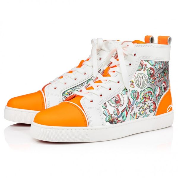 

luxury men red bottom casual shoes high sneaker fun louis high-sneakers fluo calf leather spacy loubi- print outdoor sports lace up trainer, Black