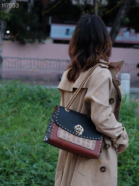 

29416 classic designer women's bag fashion splice horizontal flip square camellia handbag parker chain rivet diagonal straddle shoulder