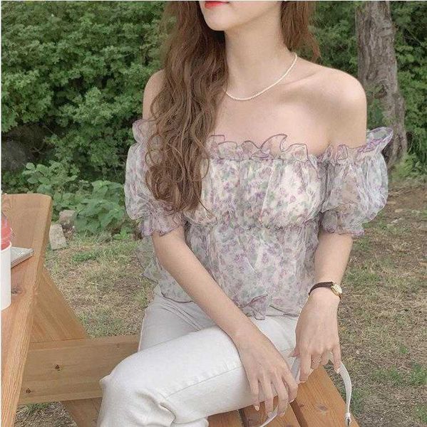 

pure desire style organza printed short small shirt sweet boat neck waist, White